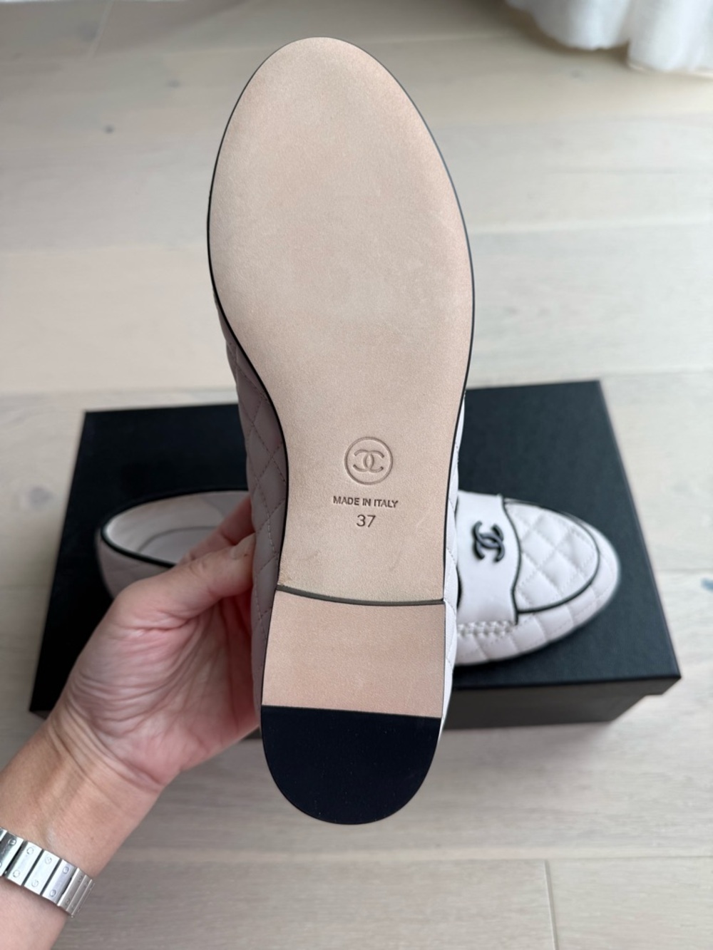 CHANEL Quilted light grey Leather Loafers with Black Trim EUR37/US6.5 - Picture 4 of 7